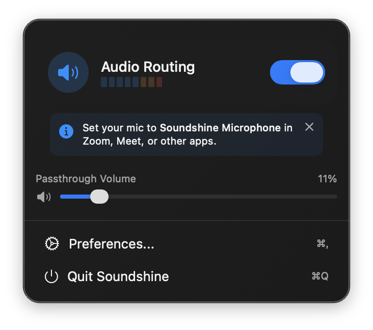 Soundshine menu bar app showing audio routing toggle, level meter, and passthrough volume control