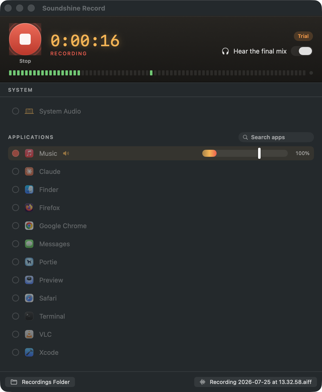 Soundshine Record recording system audio, an app, and a microphone into one file
